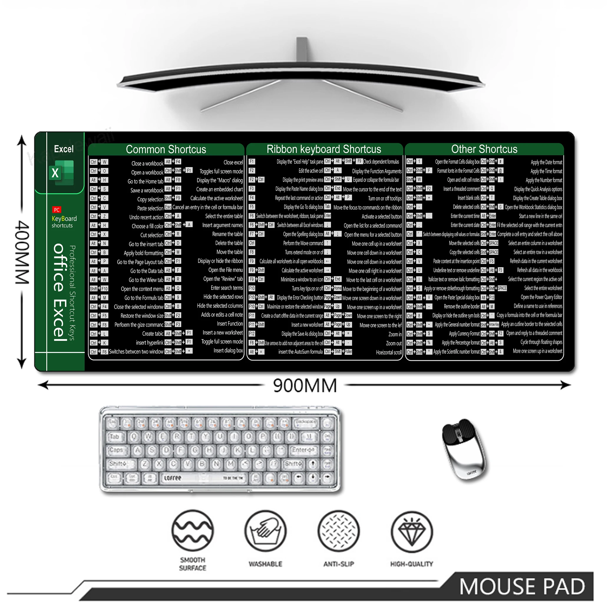 

Office Shortcuts Keys Mouse Pad Extended Pads Big Keyboard Mat Large Mousepad Desk Mat Stitched Edge Non-Slip Rubber Rug 80x30cm