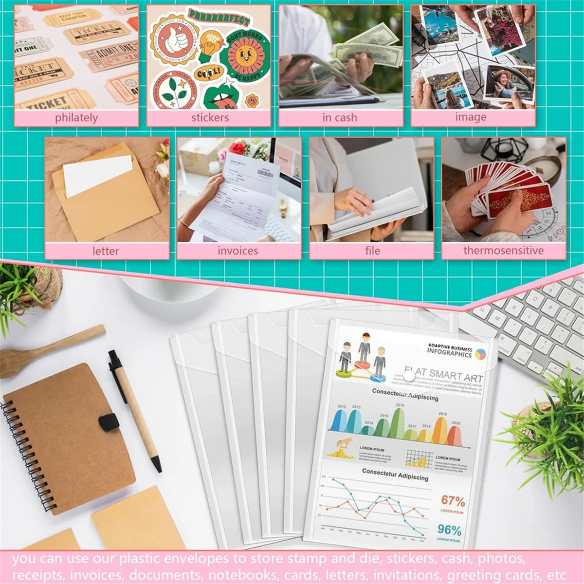 AA98 20 Pcs Small Plastic Envelopes with Snap Closure,Reusable Stamp and Die Storage Pockets, Waterproof Clear Envelope Pouch