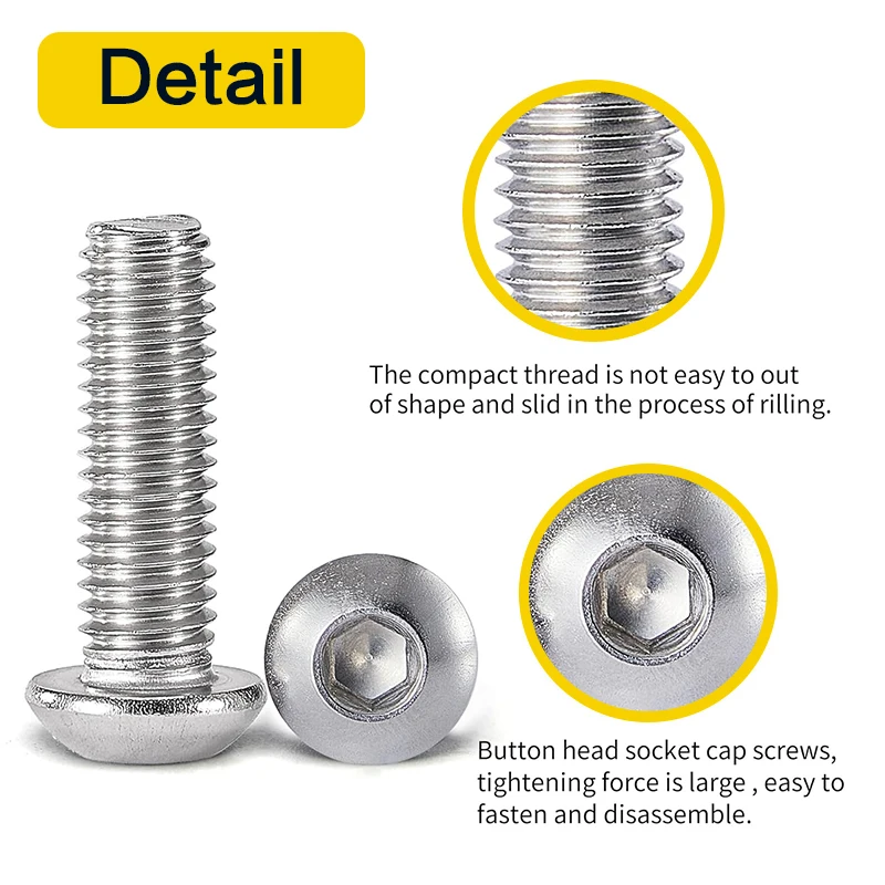 M6x8/ 12/ 16/ 20/ 25mm Button Head Socket Cap Screws Bolts, 304 Stainless Steel, Allen Hex Drive, Fully Threaded, Bright Finish