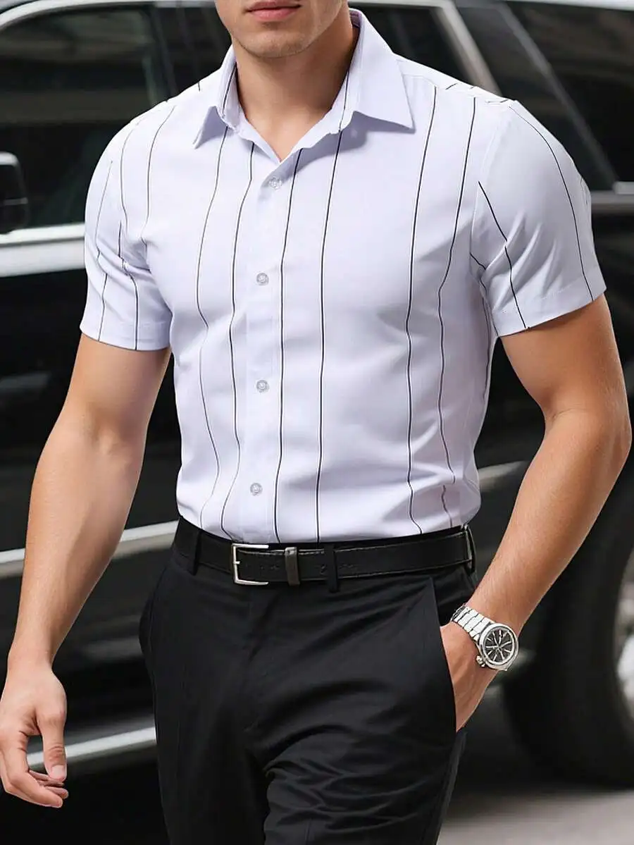 

Men's Short Sleeve Striped Button-Down Shirt, Casual Business Style