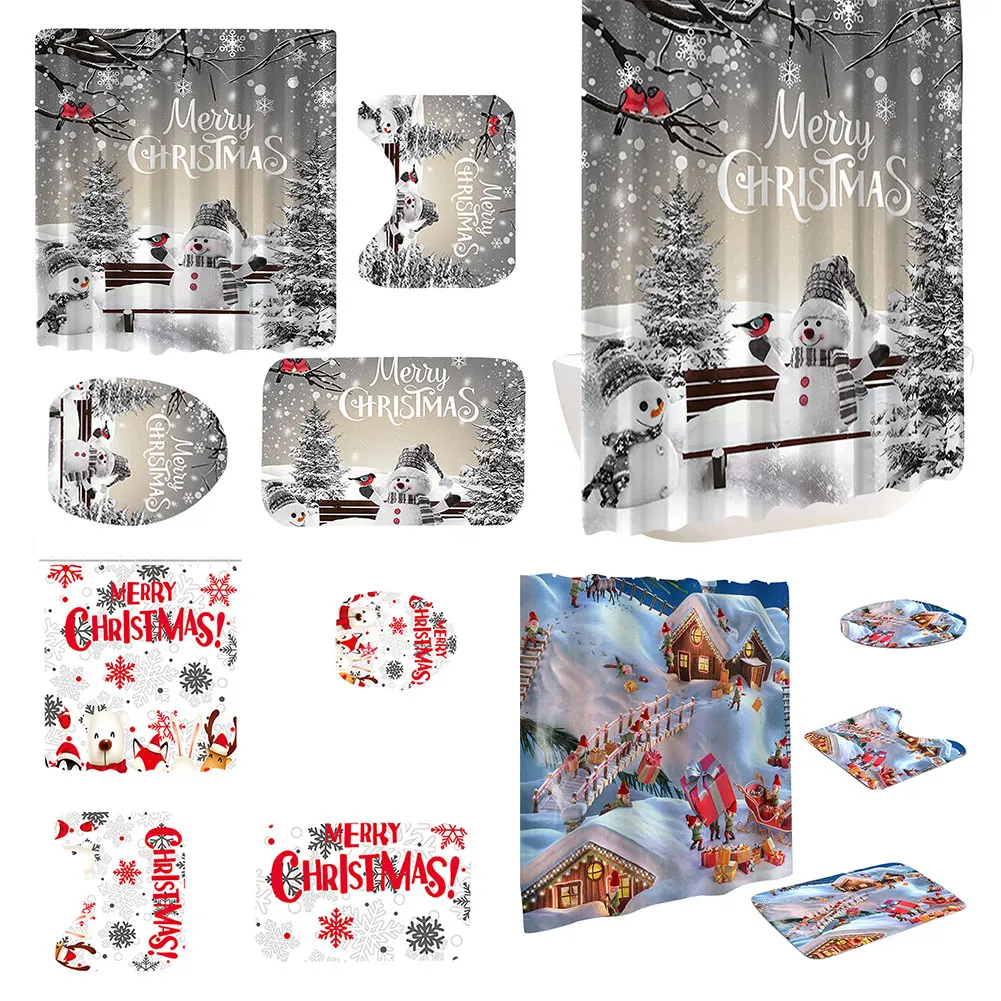 

Christmas Cartoon Shower Curtain with Rugs Toilet Cover Mat Winter Bathroom Curtain Cute Bathroom Curtain for Home Bathroom