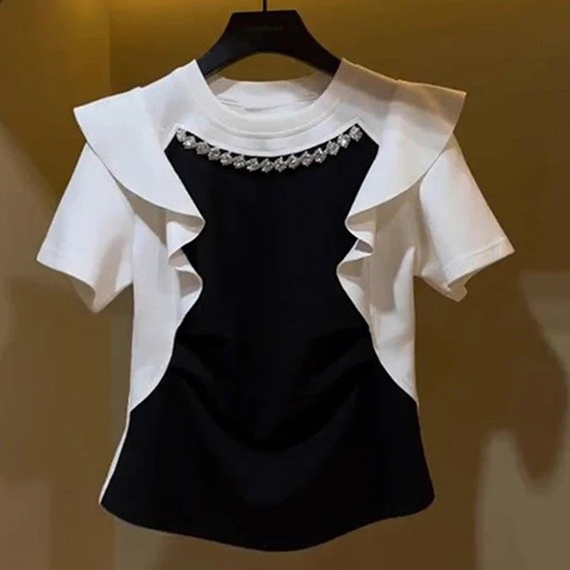 T-shirt women\'s French fashion round neck chic ruffled rhinestone short sleeve 2024 summer new small fragrance top.