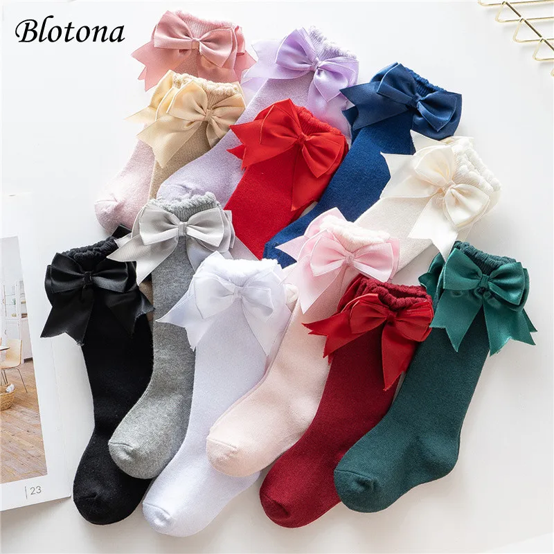 Blotona Lovely Baby Girl Below Knee Socks, Solid Color Bow Decor Stockings Breathable Clothing Accessory, 0-2Years