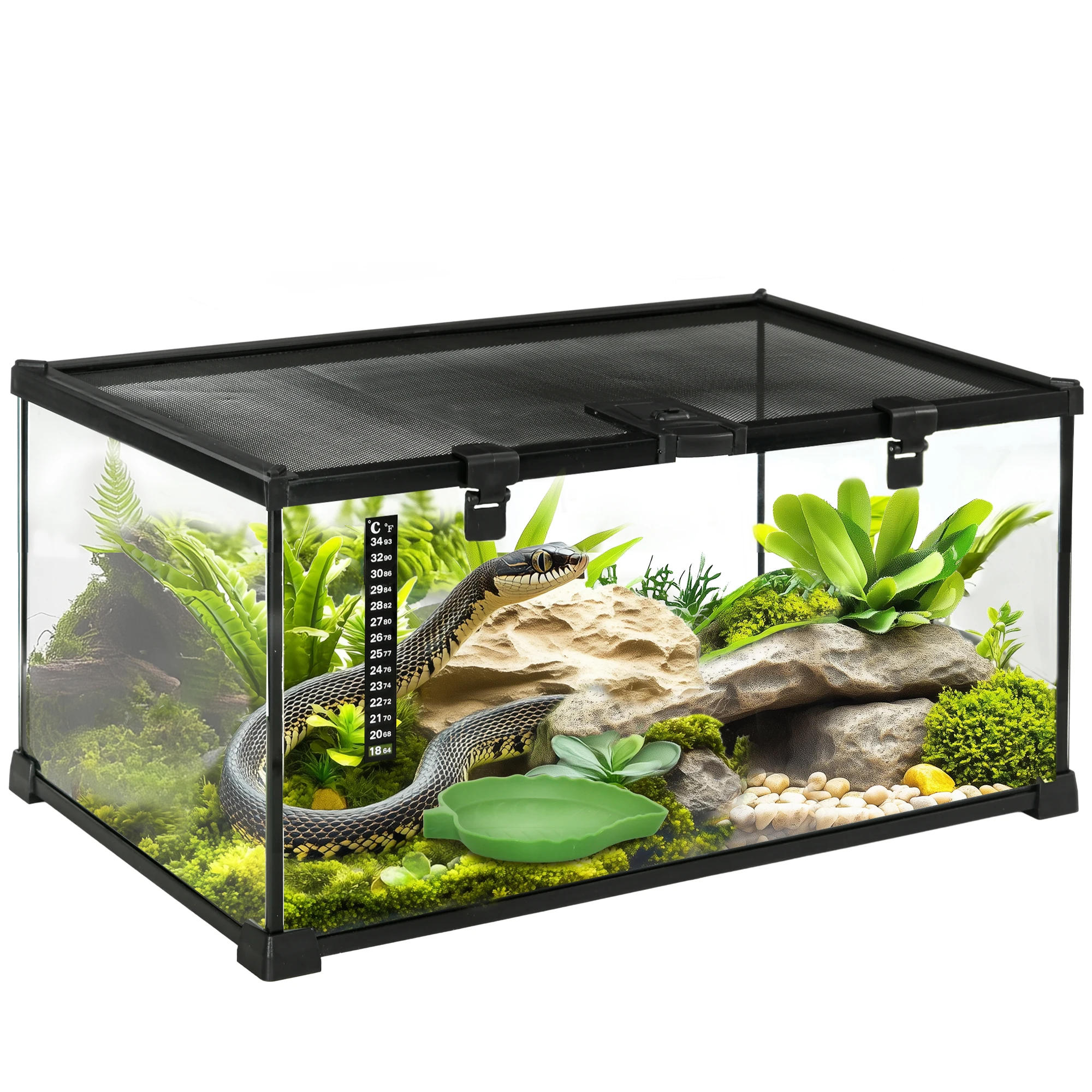 Pawhut Reptielenterrarium van gehard glas met thermometer, waterbak, volledig zicht, ventilatie, terrarium voor hagedissen, hoornhagedissen, slangen, spinnen, 50x30x25 cm, zwart