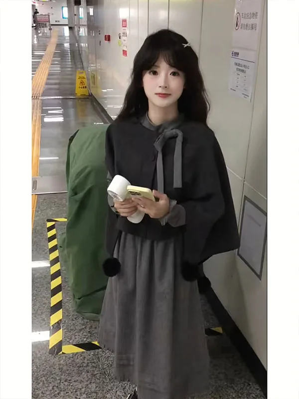 

Elegant Korean Style Long Sleeve Dress And Coat Set for Women High Waist Knot Fashionable Autumn New Arrival