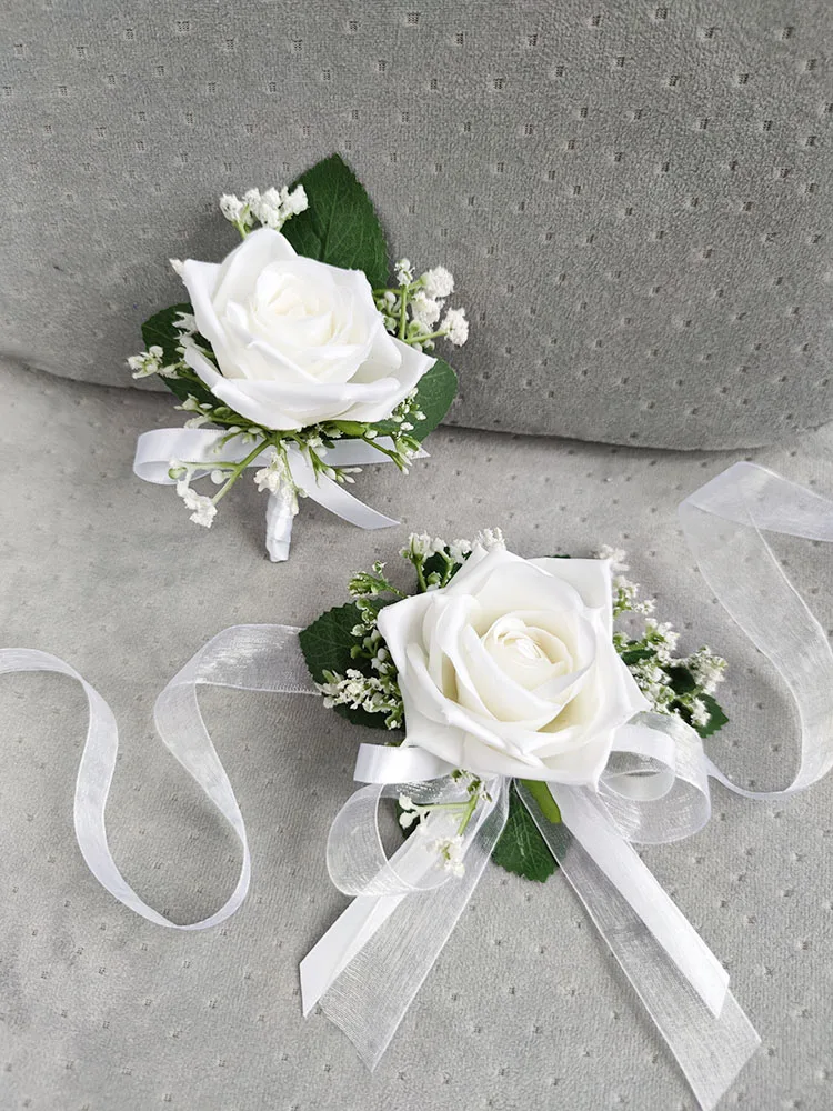 Bruid Boeket Witte Zijden Rozen Kunstbloemen Babysbreath Boutonniere Mariage Bruidsmeisjes Corsage Bruiloft Accessoires