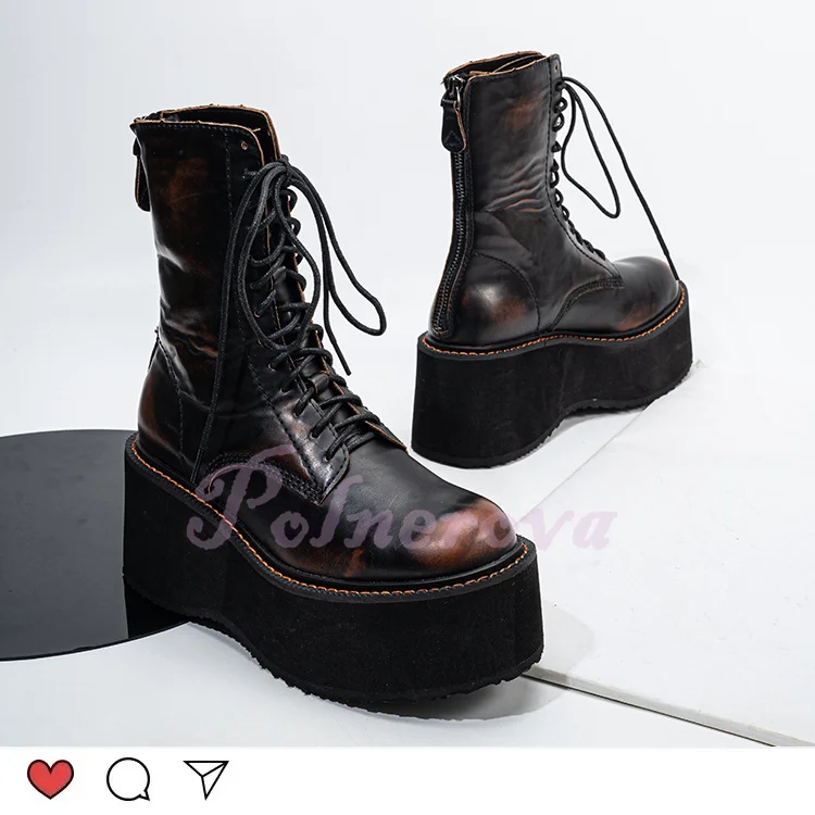 Platform Motorcycle Ankle Boots Thick-Soled Leather Back Zippers Women's Boots Novelty Designer Ladies Botas Zapatos Para Mujere