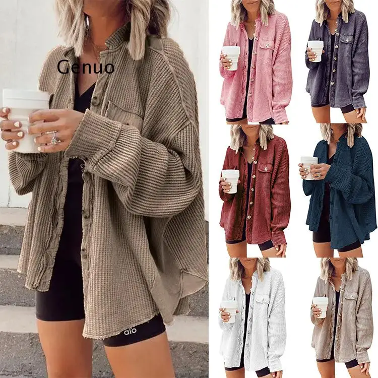 

Autumn Winter Fashion Breasted Button Coats Women Elegant Solid Color Ribbed Tops Jackets Casual Loose Long Sleeve Outwear New