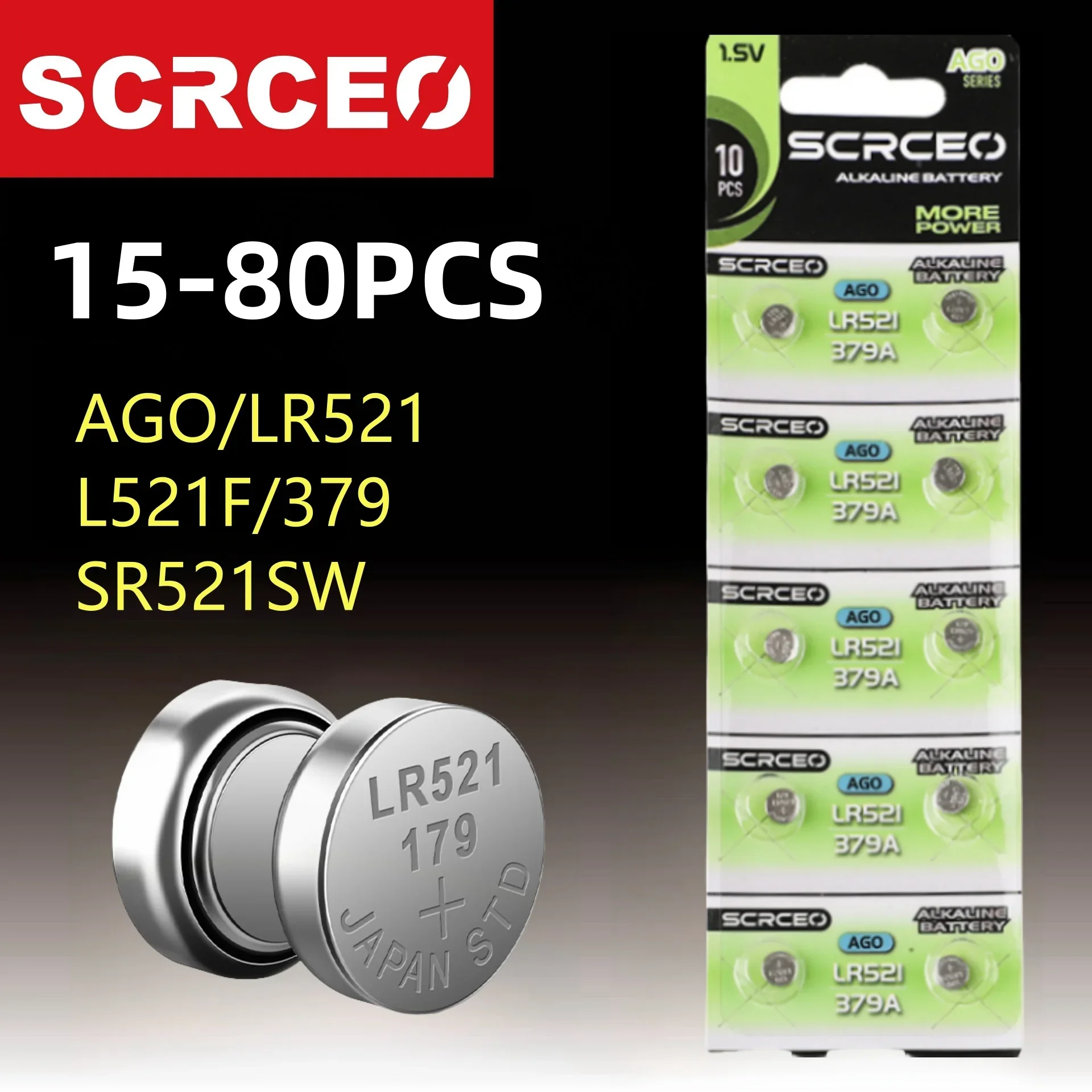 

15-80pcs SR521SW AG0 Button Cell Battery LR63 SR521 SR521S 379 1.5v Alkaline Batteries For flashlights electronic toys Watches