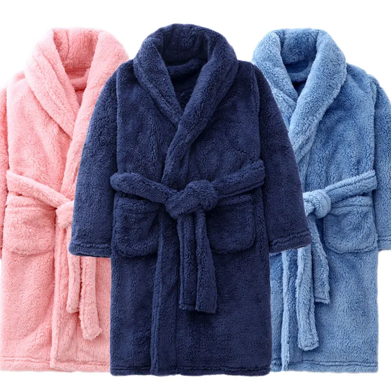 Winter Thicken Bathrobes for Kids Girls Flannel Warm Nightgown Teens Boys Bathing Robe Solid Color Night Robe Baby Dressing Gown