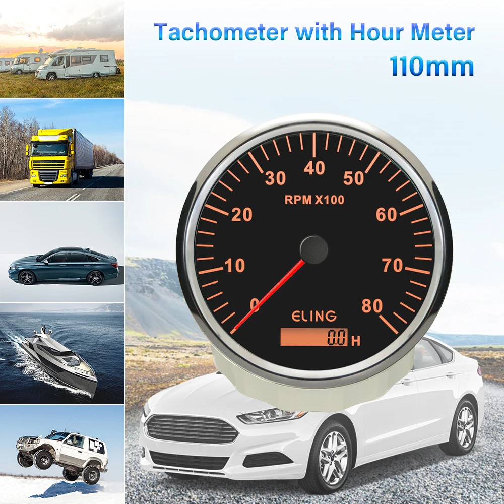 

ELING 110mm Tachometer 0-8000RPM Universal REV Counter Gauge Meter with Red Yellow Backlight 12V 24V for Car Motorcycle