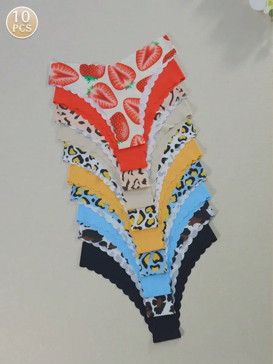

10pcs Women Seamless Wavy Edge Triangle Panties Breathable Soft Skin Friendly Fabric Bikini Underwear