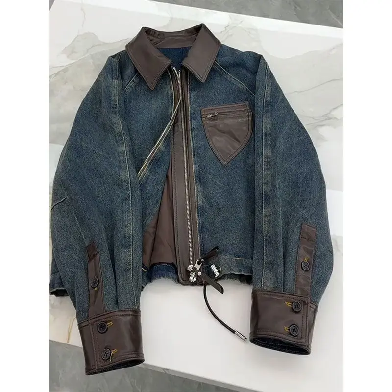 

Джинсовая куртка в стиле ретро для женщин, искусственный дизайн из двух предметов, искусственный отложной воротник, свободное короткое пальто на молнии, топ, весна-осень