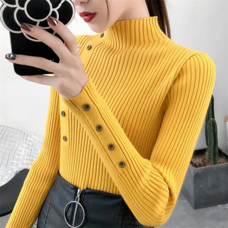 2024 Women Autumn Knitted Slim Sweaters Solid Knitted Female Cotton Soft Elastic Color Pullovers Button Full Sleeve Turtleneck