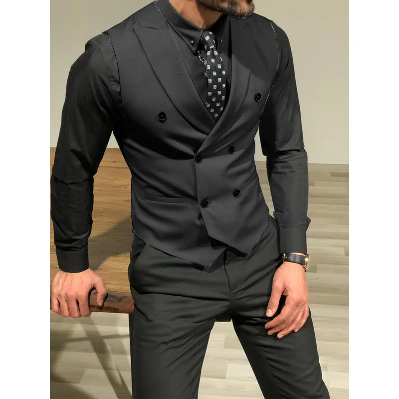 Men\'s Vest Black White Tailored Collar Double Breasted Male Gentleman Business Waistcoat Jacket Casual Slim Fit Gilet Homme Vest