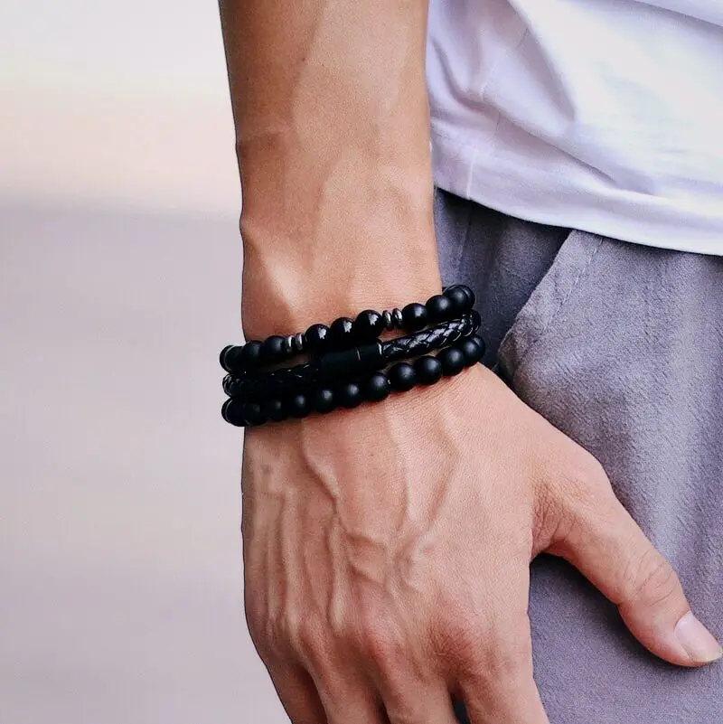 Noter 3pcs Men Bracelet Set 8mm Natural Onyx Tiger Eyes Stone Braclet Homme Magentic Clasp Leather Braslet Pulsera Hombre Gift