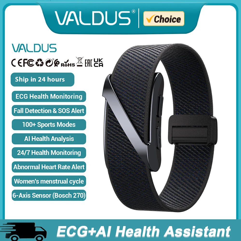 Montre connectée VALDUS VANTA ECG pour homme et femme, avec fonction SOS, rappel de chute, suivi d'activité, fréquence cardiaque, pression artérielle, moniteur de sommeil, nouveau bracelet 2026