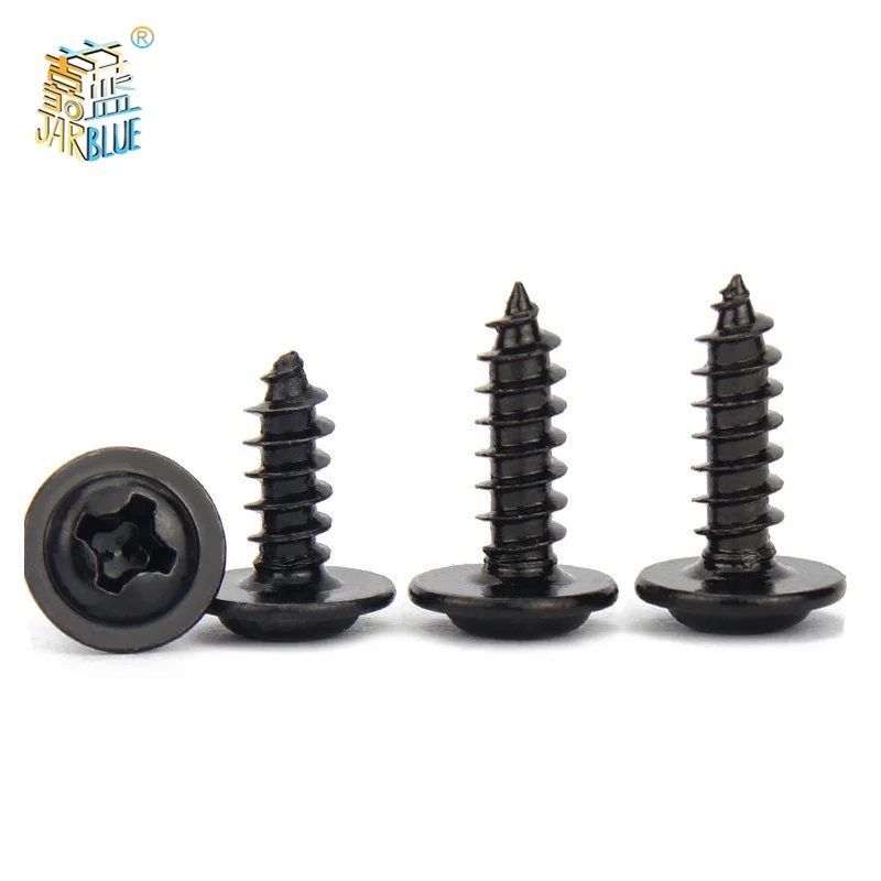 100pcs/lot Black Self-tapping Screw Pan Head PWA Cross Round Head With Washer Cushion M1.4 M1.7 M2 M2.3 M2.6 M3 M3.5 M4