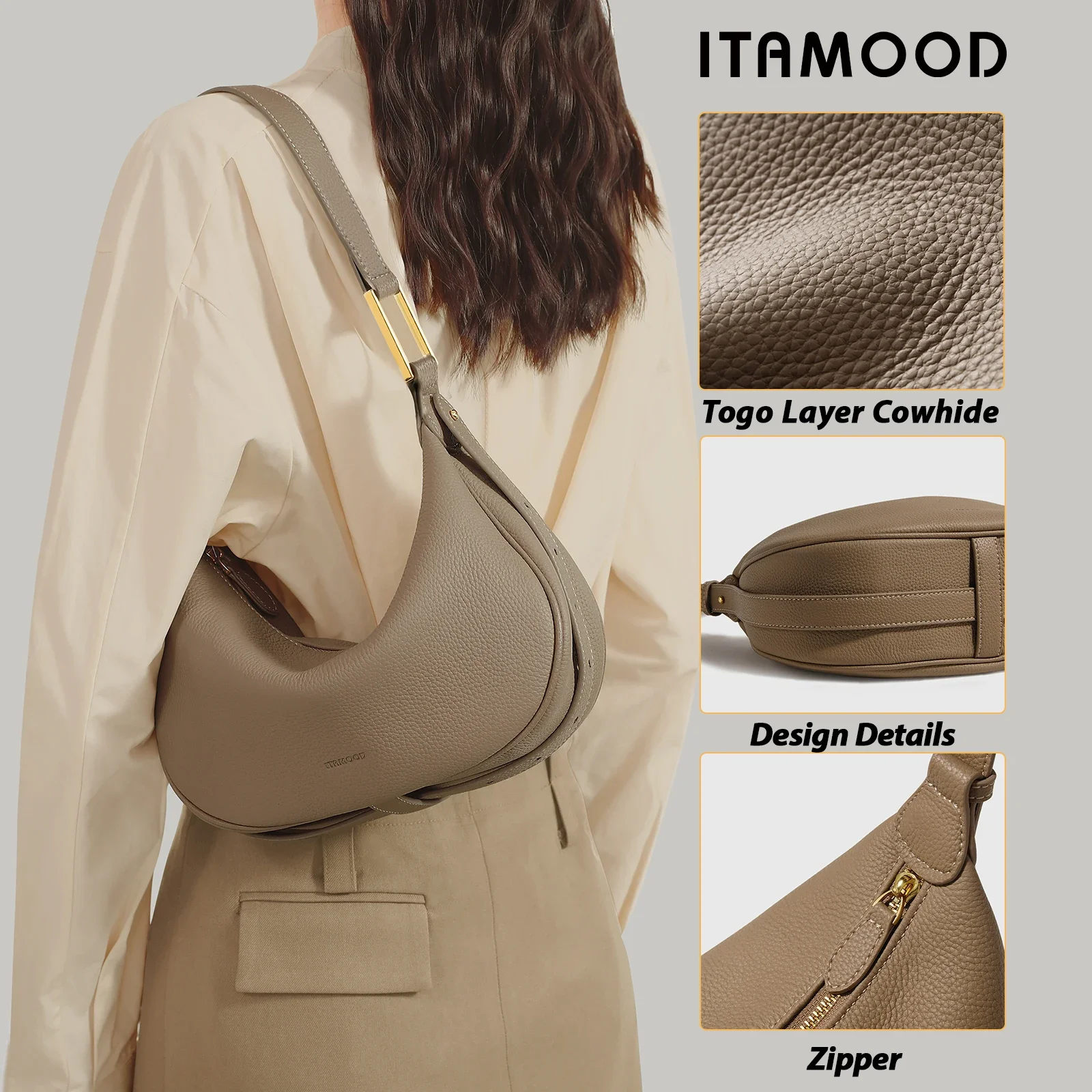 ITAMOOD Women Underarm Bag Genuine Leather One Shoulder Crossbody Moon Bag High Grade Dumplings Handbag for Cosmetic Storage