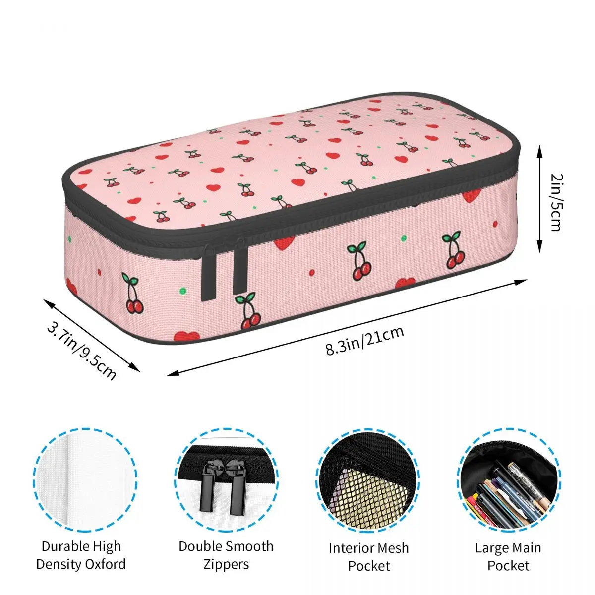Cherry Heart Design Pattern With Pink Background Pencil Case for Studen School Pen Box Pencil Bag Stationery Pen Holder Bag