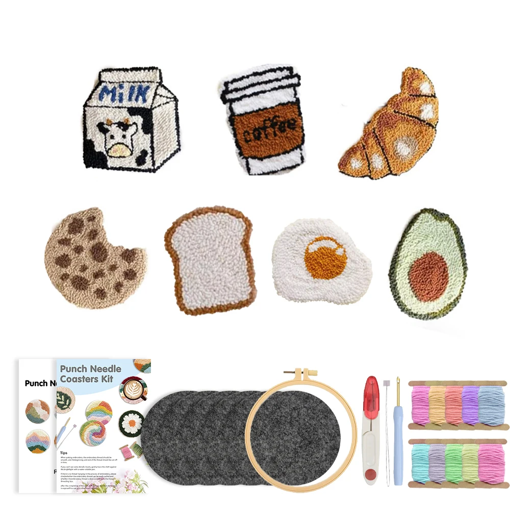 Craft Punch Needle Coasters Kit Easy Wool Poke Magic Needle Embroidery Set Making Tufted Mug Rug Pads Coaster for Adult Beginner
