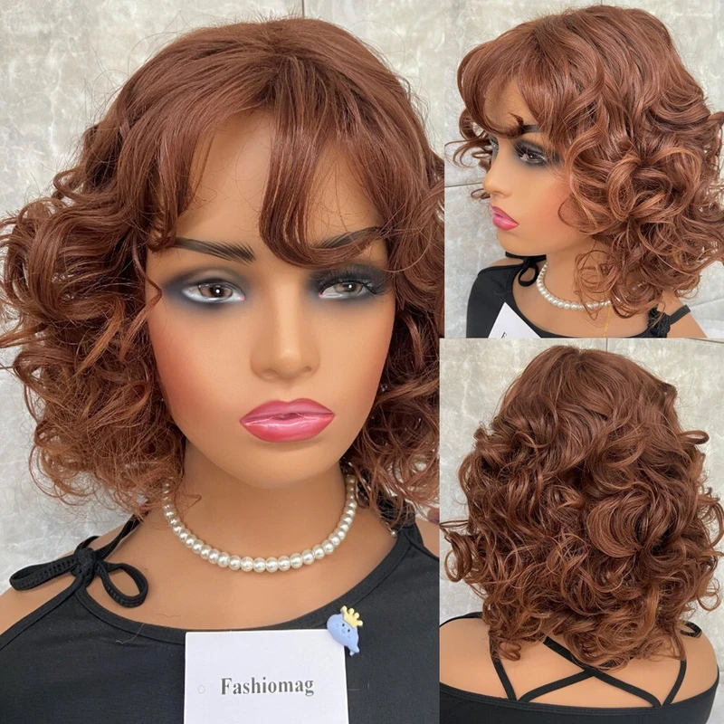 Short Fluffy Curly Wavy Auburn Mix Hair Blend Heat Ok Wigs Women Soft