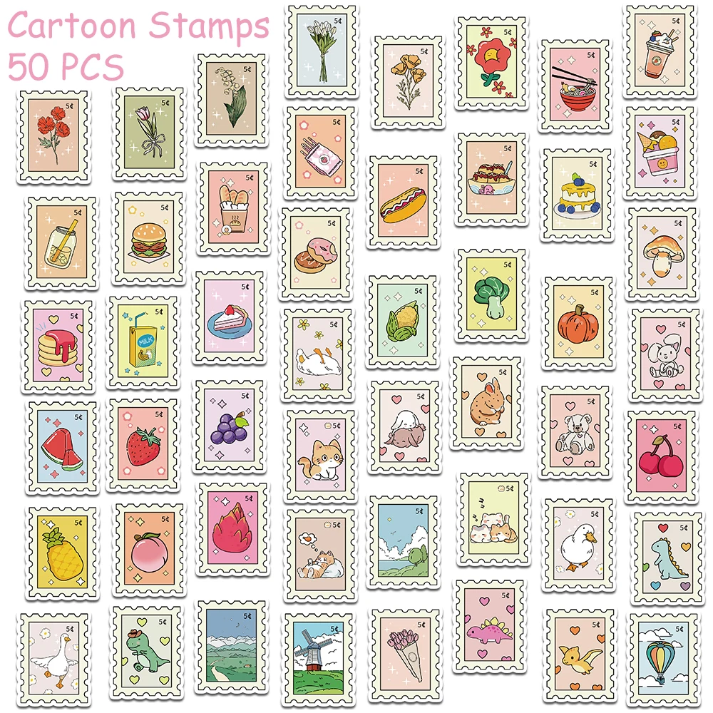 50pcs Cartoon Stamps Stickers Decals For Laptop Letter Scrapbook Luggage DIY Aesthetic Waterproof Stickers Creative Gifts image 5