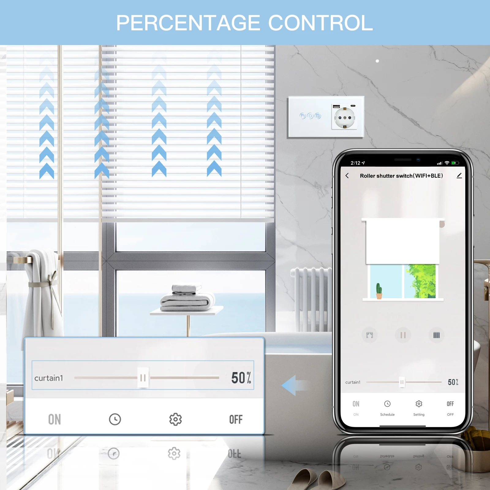 BSEED Wifi Rollladen Schalter 1/2/3Gang Licht Mit Blind Schalter EU Buchse USB C Ports tuya Smart Leben App Steuerung