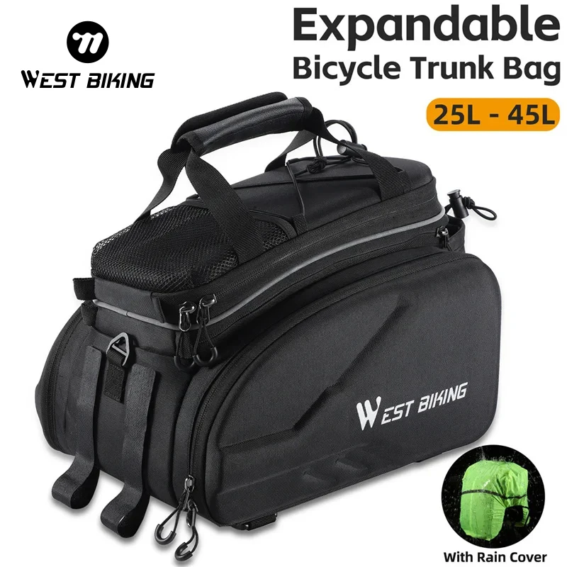 WEST BIKING 25-45L Bicycle Trunk Bag Large Capacity Reflective Bike Pannier Bag Rear Seat Hardshell Bag With Rain Cover Tail Bag