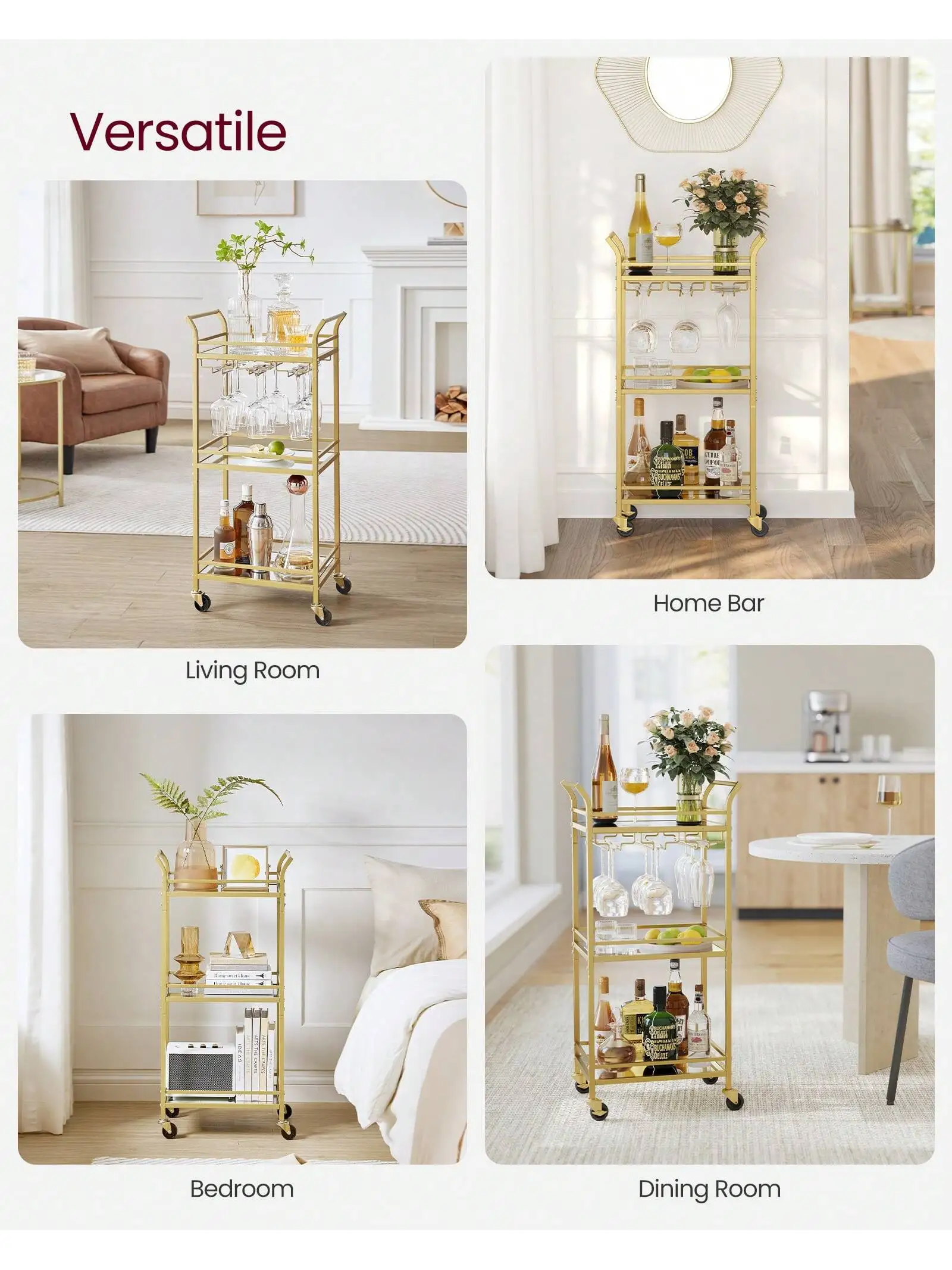 VASAGLE 3-Tier Drinks Trolley. Gold Bar Cart on Wheels with Handles, Mirrored Shelves. For Small Spaces, Kitchen, Dining Room