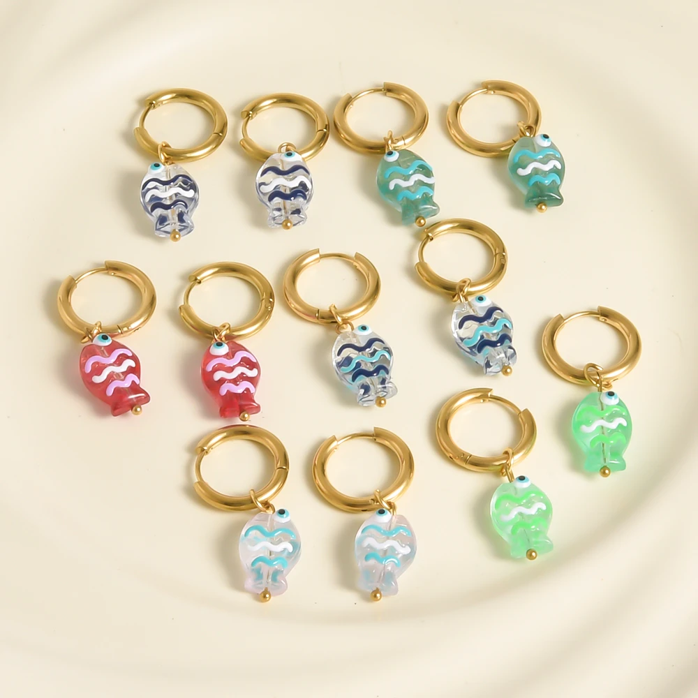 

Exquisite Stainless Steel Earrings Colorful Glass Fish Ear Hoop Ear Accessories Summer Sea Animals Charm Handmade Jewelry Gift