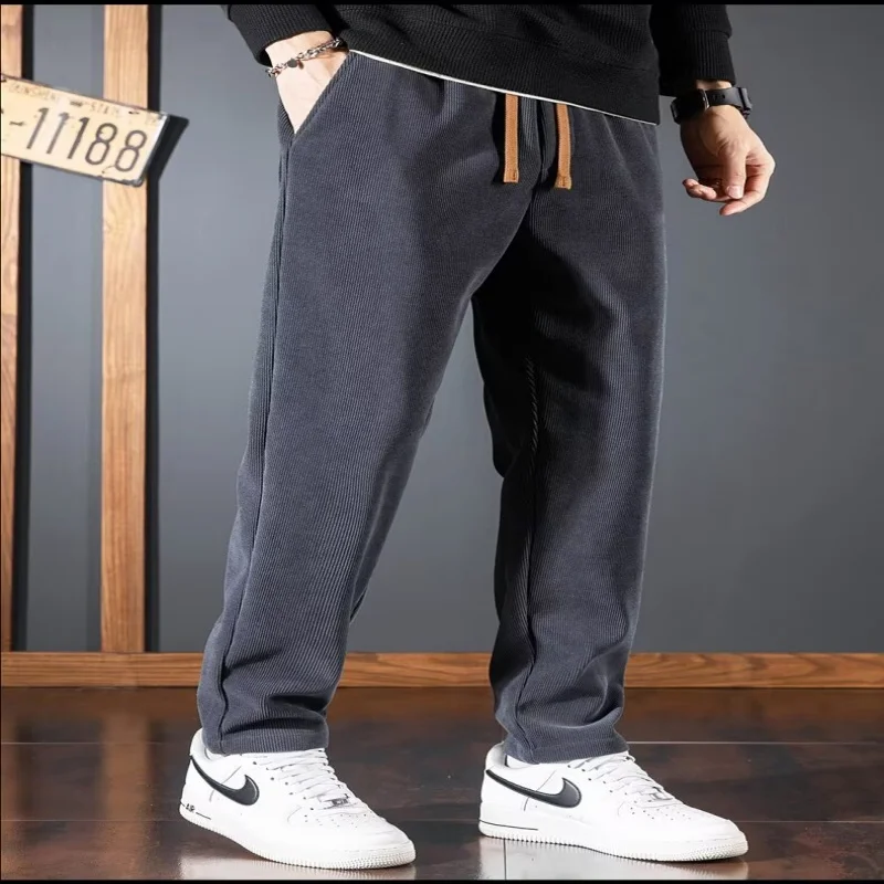 

2025 autumn and winter tall men's casual pants with plush drawstring, loose straight tube light core velvet pants trend