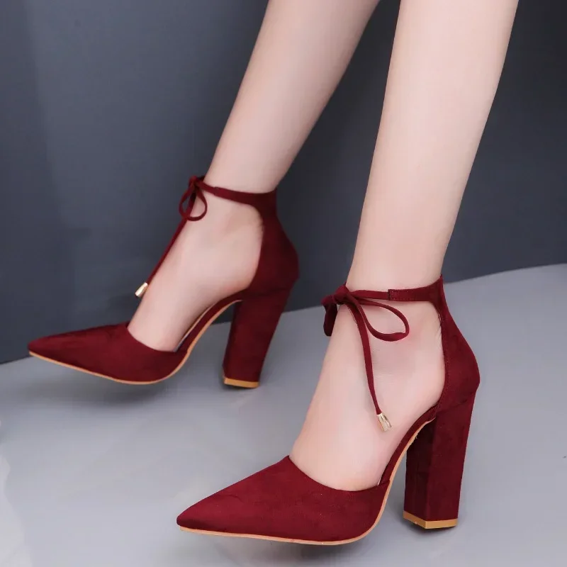 Sexy Pointed Toe Ladies Shoes Square High Heels Lace Up Women Pumps 2024 Wedding Strap Blue Woman Shoes Zapatos Mujer Size 43