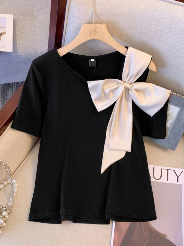 2024 Summer Korean Style New T-Shirt Chic Sexy Hollow Out Skew Collar Color Blocking Big Bow Women Tops Short Sleeve Tees