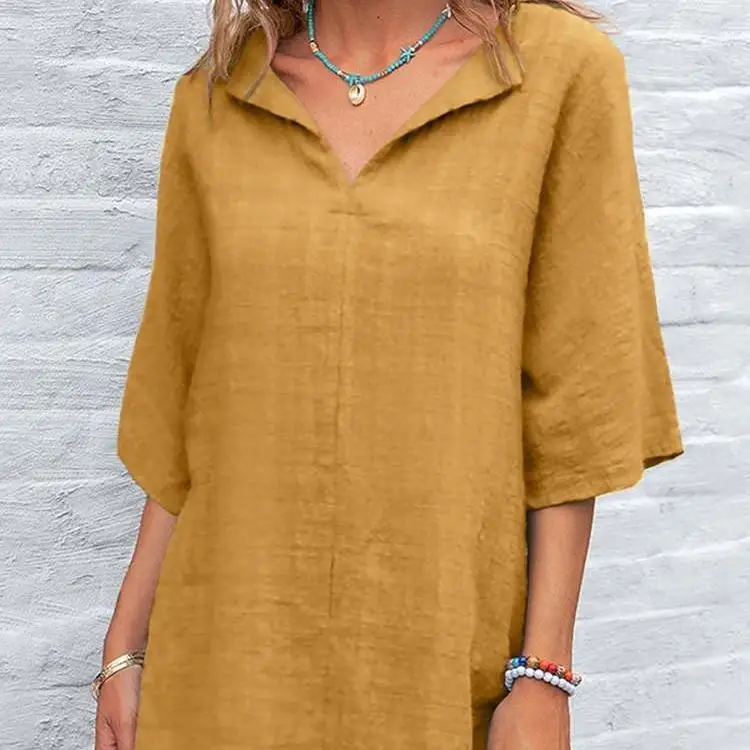 

Women's Breathable irt Sve Collar Top Vintage Sle Cotton Blend Regular Sve Length Five Buttons Pure Color Summer Wear