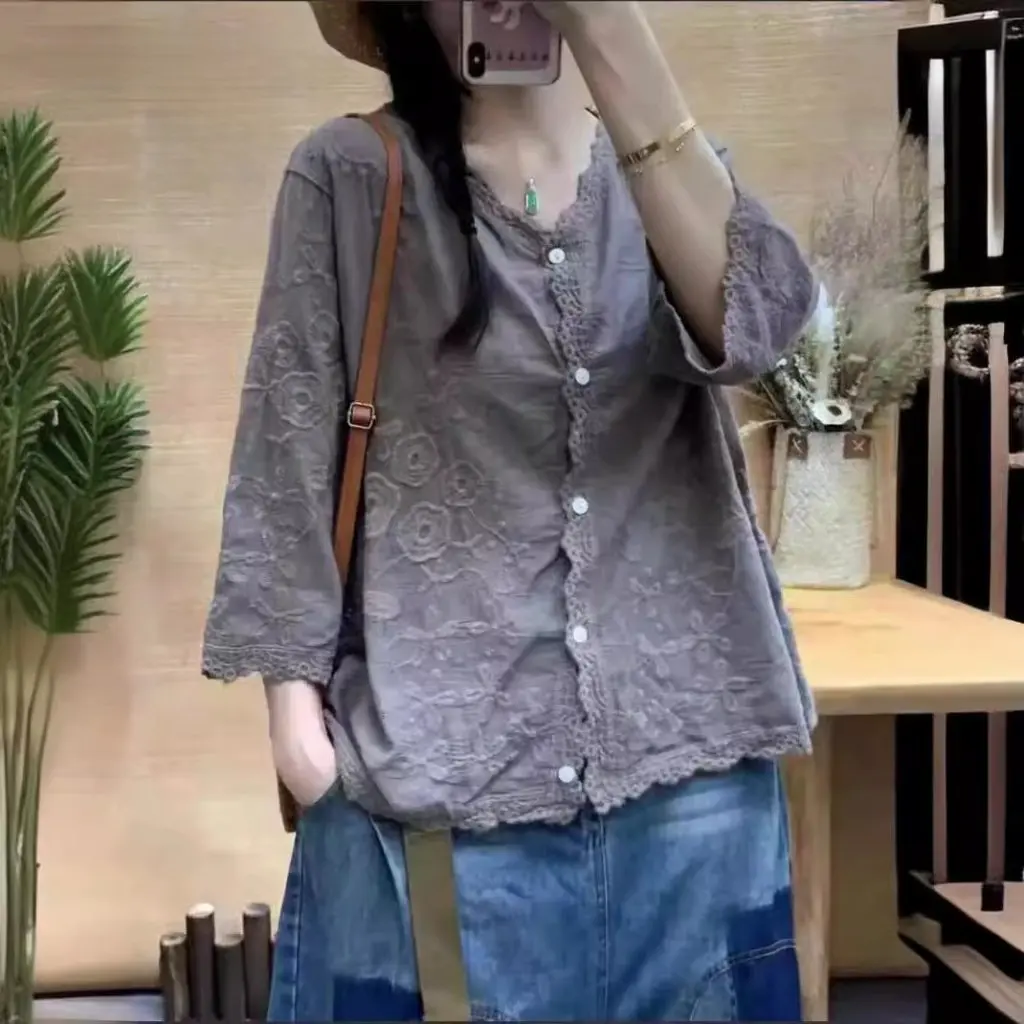 

Нишевый однотонный повседневный однобортный топ с цветочной вышивкой, тонкая художественная рубашка, универсальная летняя одежда для женщин