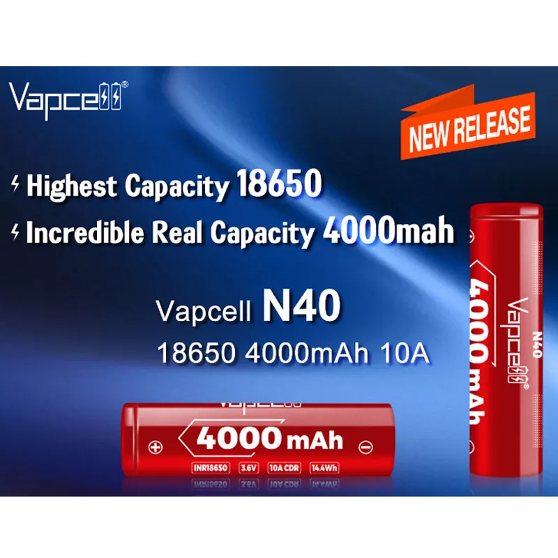 Original Vapcell N40 INR 18650 Battery Highest Capacity 4000mah CDR 10A 3.6V Reachargeable Batteries For UAV VapeMod Flashlight