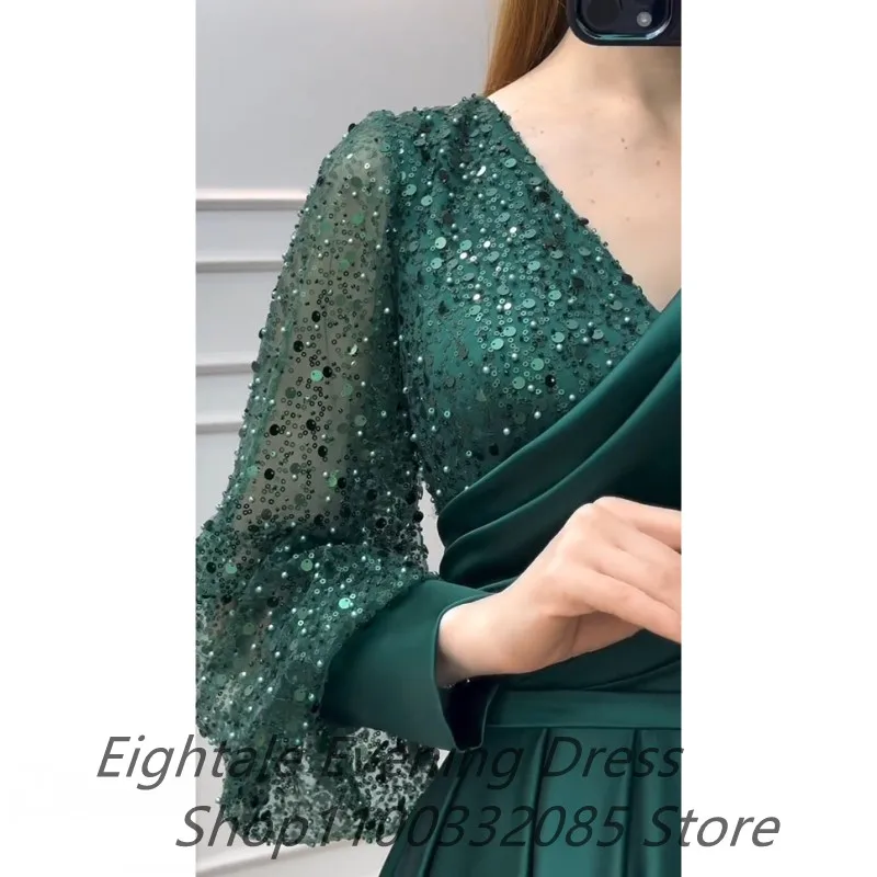 Green Customized Plus Size A Line Evening Dress Sparkly Long Sleeves V Neck Sequins Satin Formal Prom Party Gown vestidos