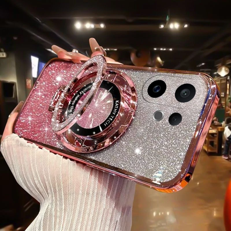 

For VIVO X200 FE 5G Luxury Wireless Charging Magsafe Case For VIVO X200 Pro Mini Glitter Magnetic Ring Bracket Transparent Cover