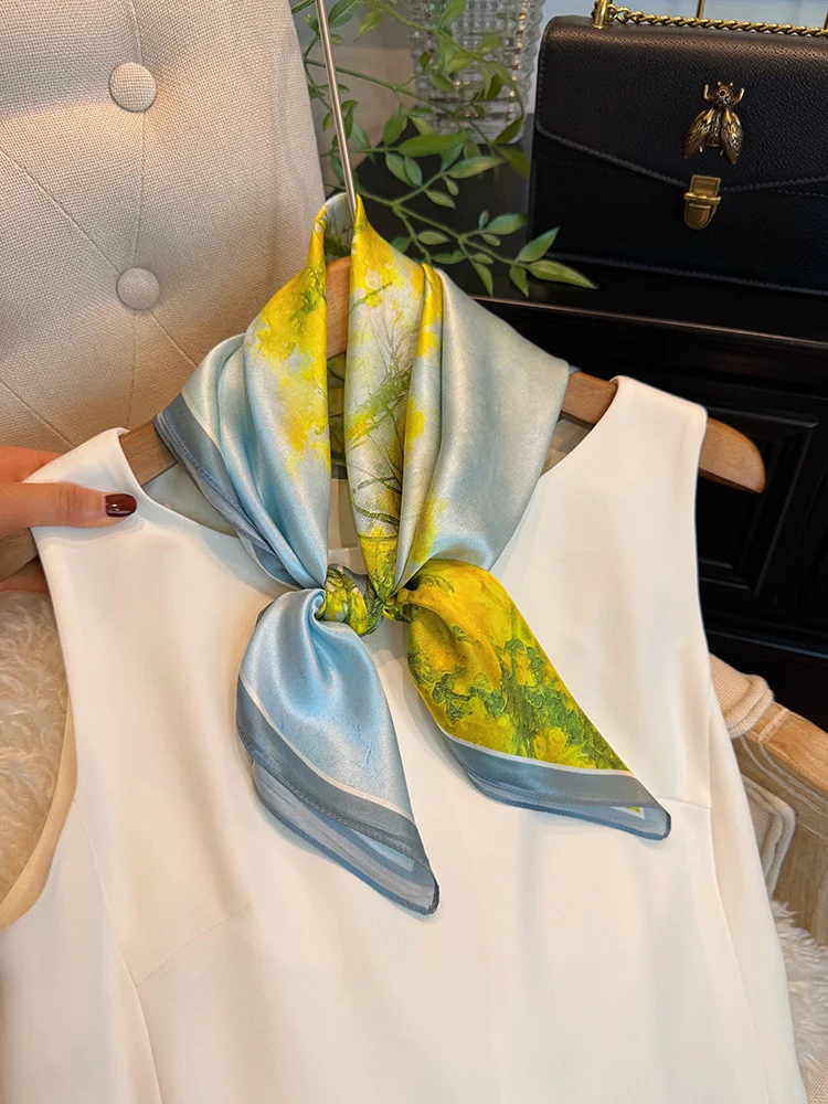 黄緑のシルクスカーフ-レディース新作2026-スクエア型多用途ネクタイ-高級感-00-桑絹-小さなスカーフ-花柄