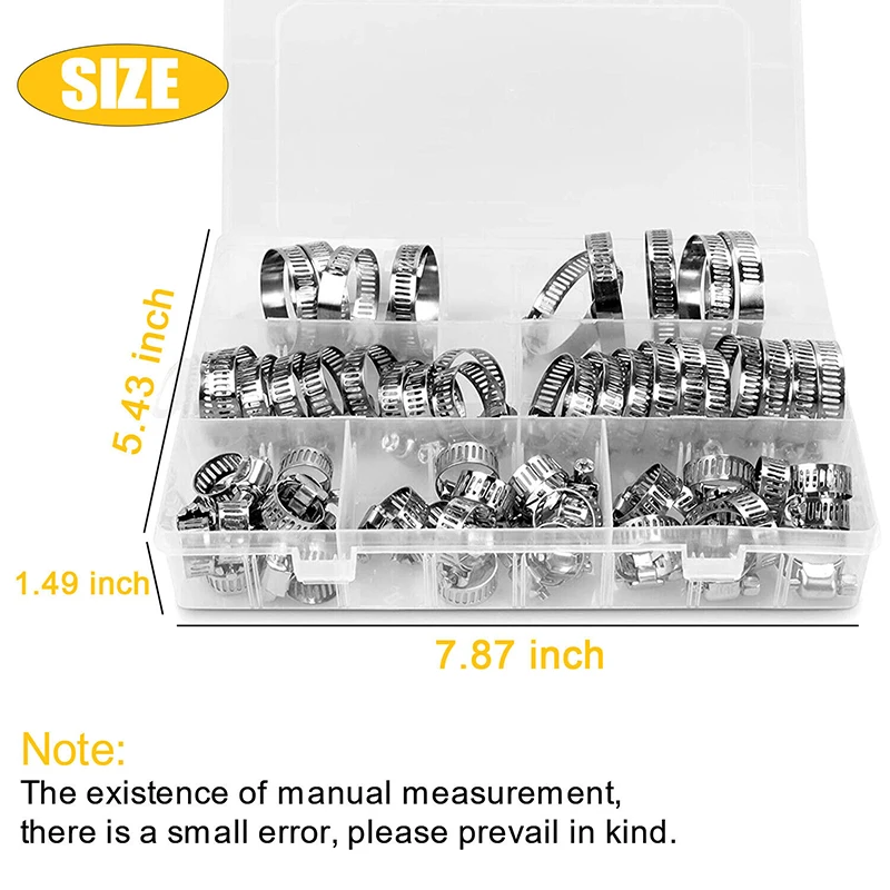 100pcs Stainless Steel Hose Clamp Set 8-44mm Pipe Clamps Worm Drive Hose Clamps Hose Ties for Water Pipes Plumbing