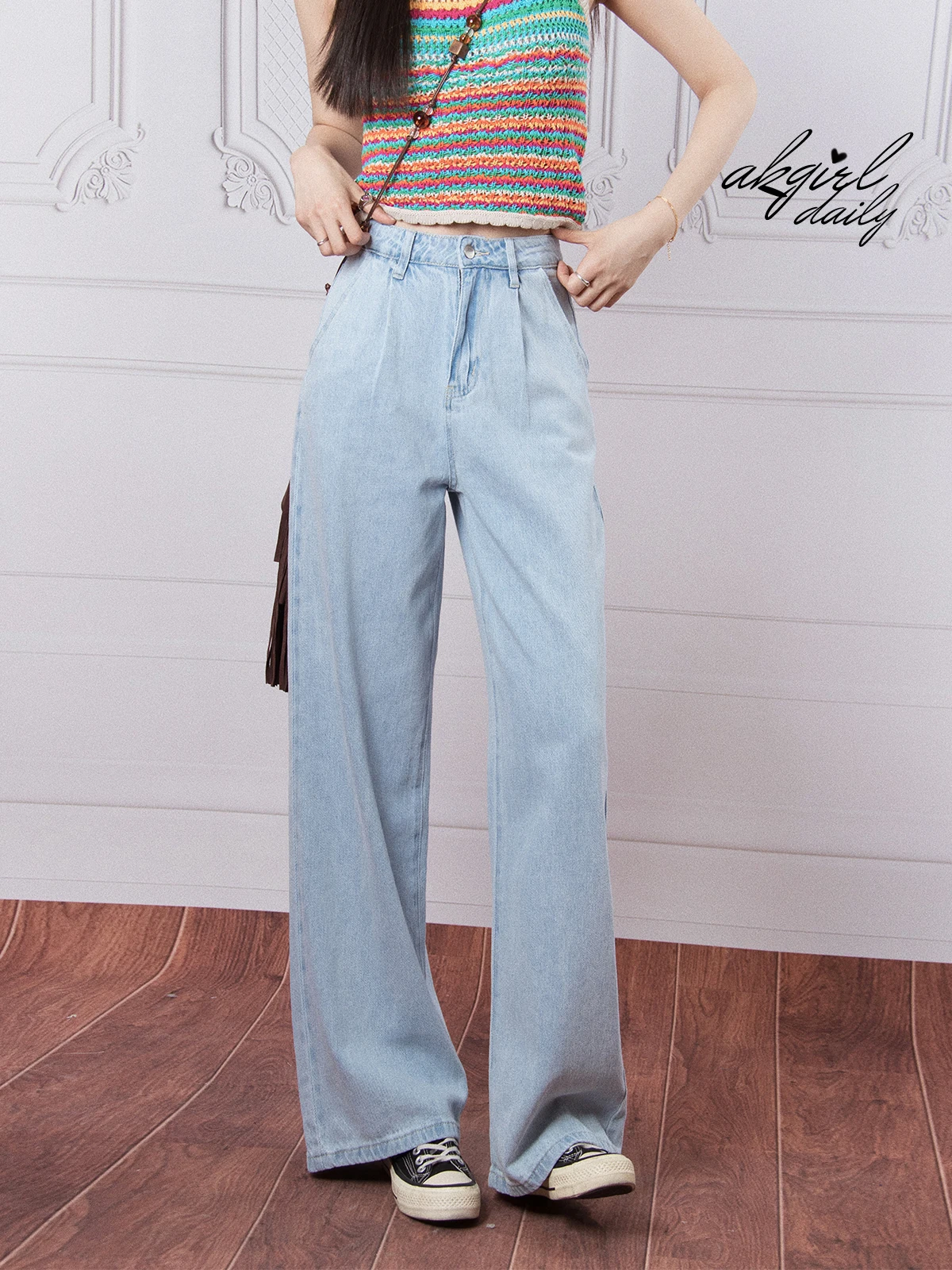 

High Waist Wide Leg Light Blue Denim Jeans Women's Straight Cut Floor-Length Retro Sle Spring Autumn Faion Ladies' Jeans