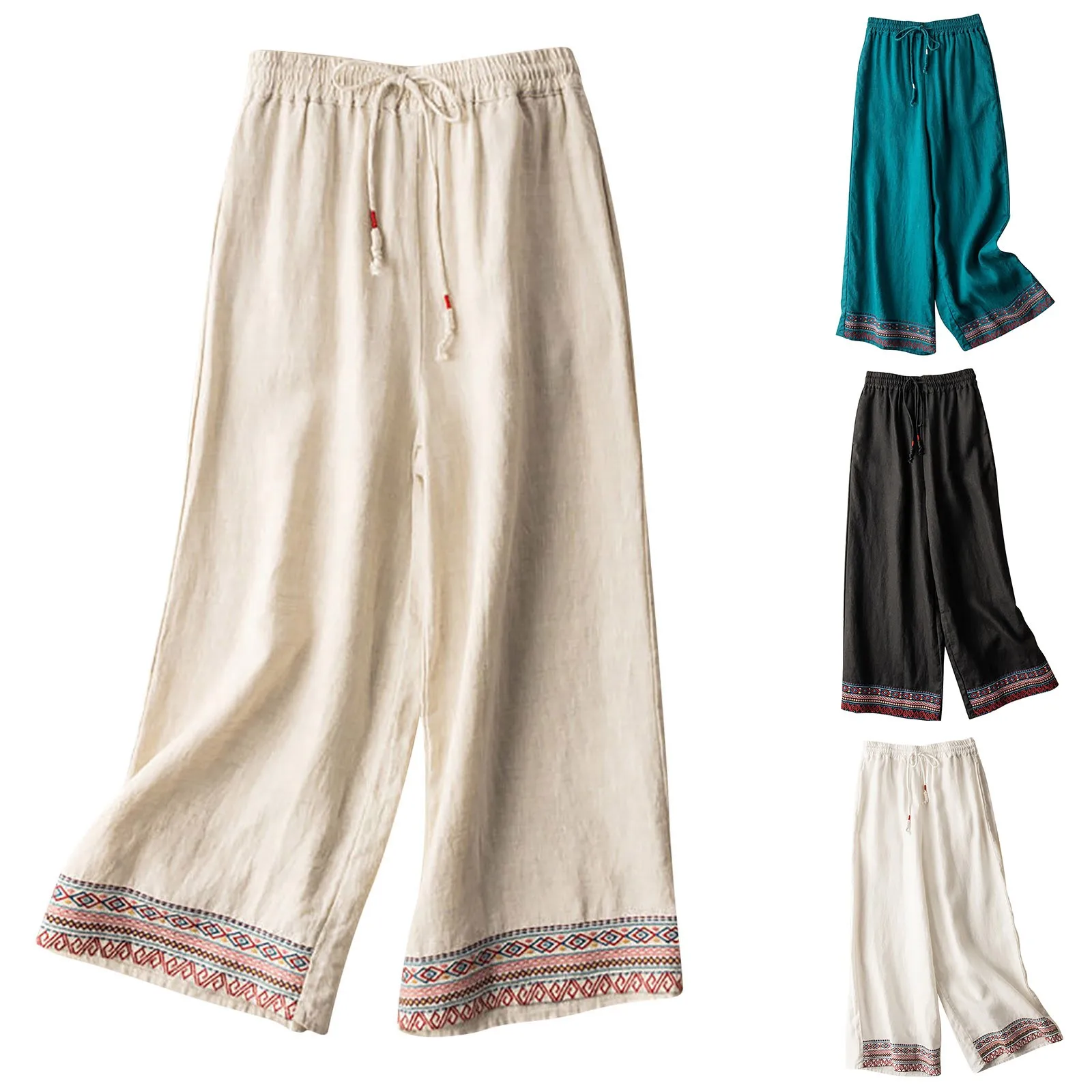 Women Bohemian Baggy Pants Ethnic Style Embroidery Cotton Linen Straight Trousers Elegant High Waist Drawstring Beach Style Pant