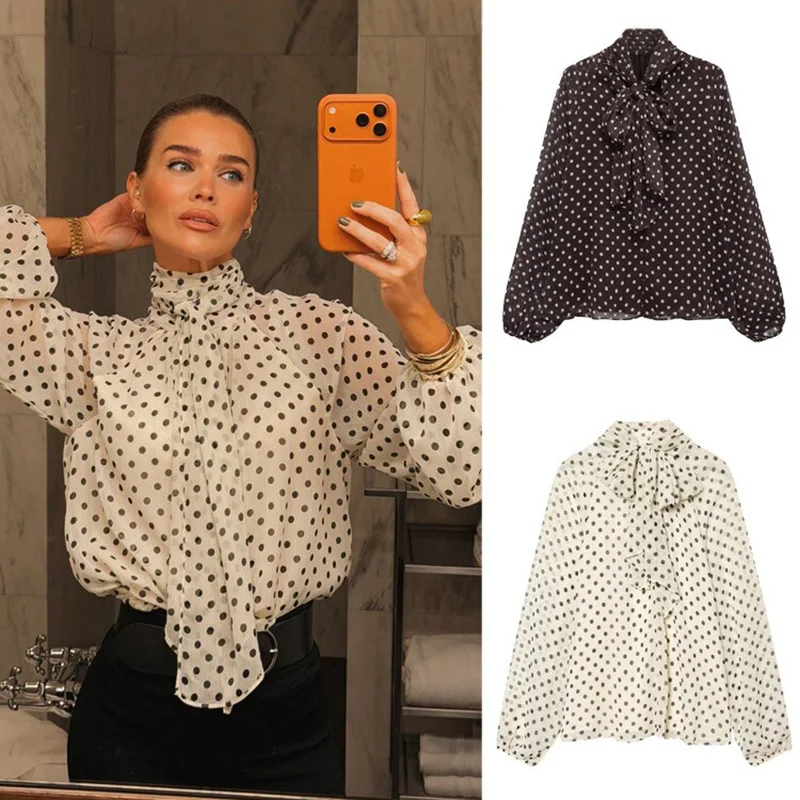 Blusa Holgada con Estampado de Lunares para Mujer, Camisa de Primavera Verano, Cuello Alto, Manga Abullonada, Blusa Elegante y Chic para Mujer de Oficina