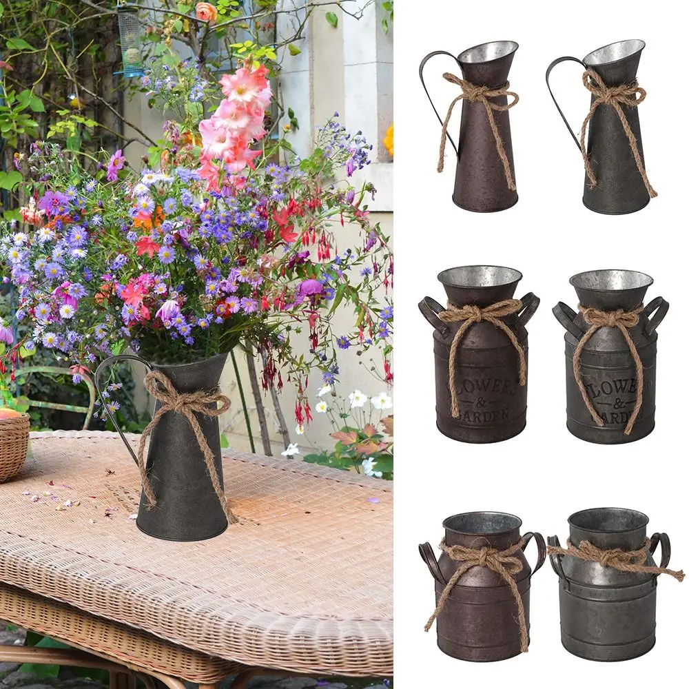 Vintage Metal Milk Can Flower Pot Rustic Iron Bucket Vase Farmhouse Style Decorative Flower Holder for Dried Flowers & Plants