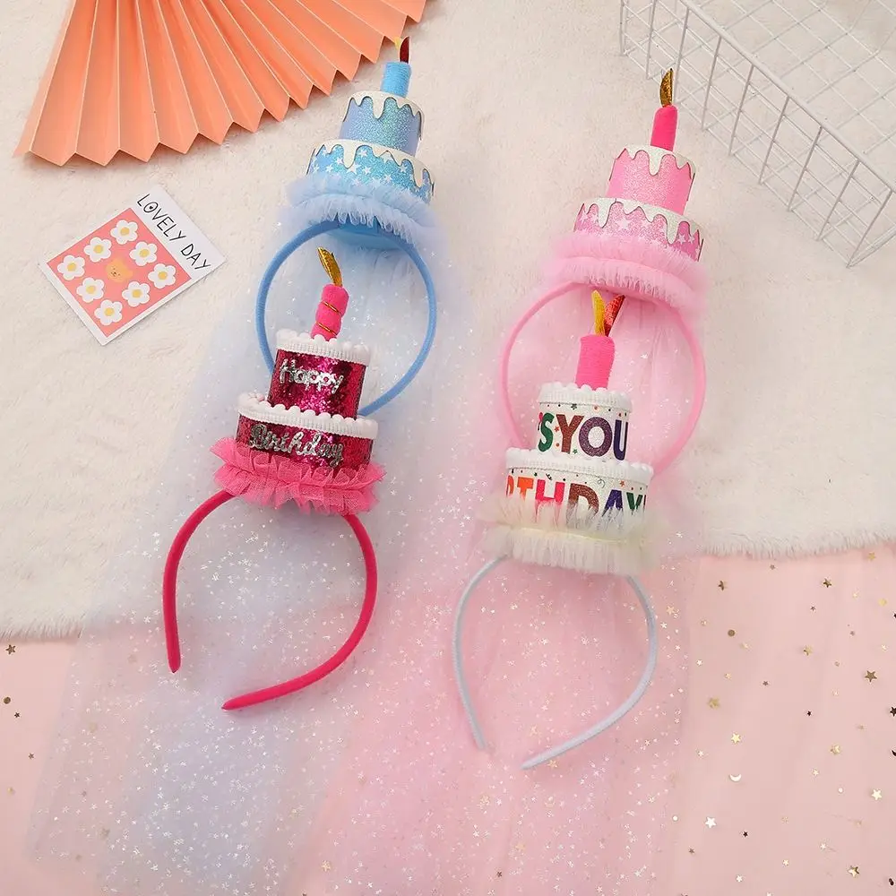 Photo Props Gauze Girl Hairband Cloth Letter Birthday Cake Headband Children Head Hoop Birthday Headdress Birthday Party Hats