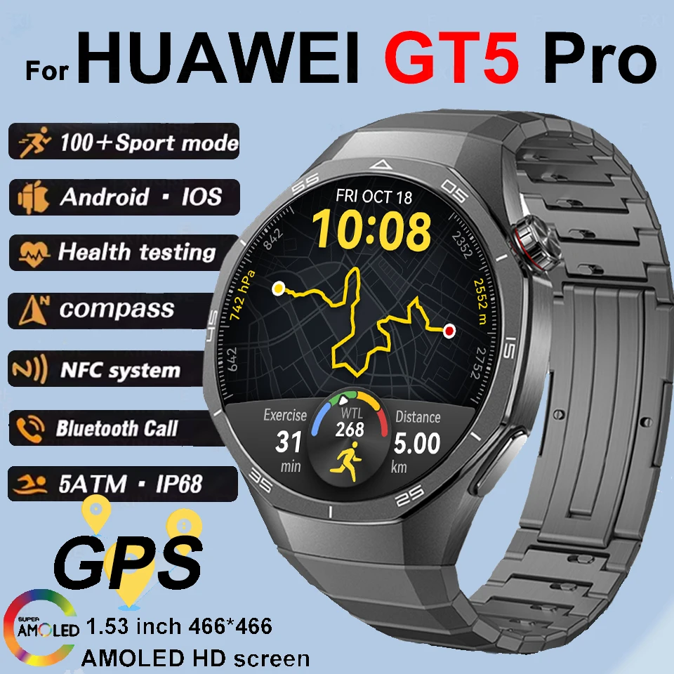 New For HUAWEI Watch GT5 Pro Sports Smart Watches Men GPS Track Compass Altimeter Waterproof Bluetooth Call NFC Smart Watch 2025