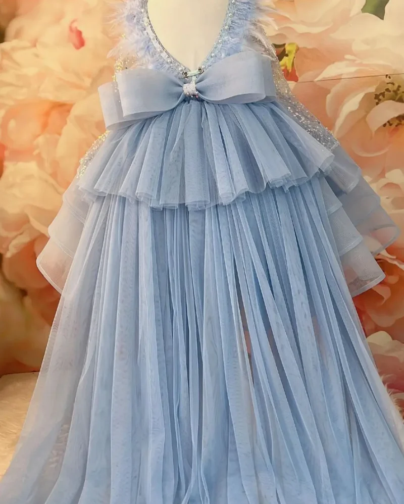 Princess Fluffy Flower Girl Dress For Wedding Shining Sequins Tiered Tulle Feather Big Bow Puffy Birthday Party Ball Gowns