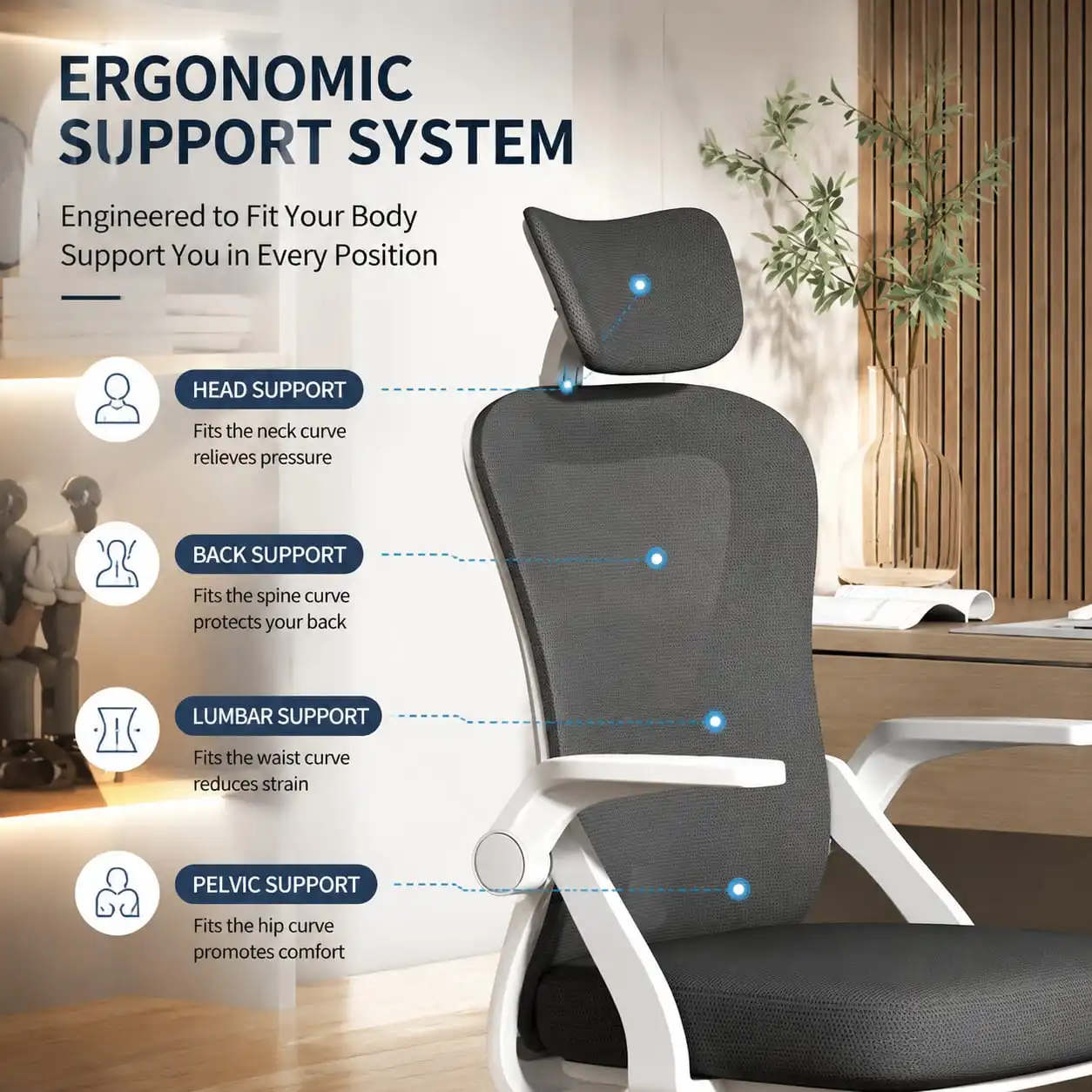 Ergonomic Reclining Office Chair for Home & Study – Adjustable Lumbar Support, Breathable Mesh Back, Comfortable Seating