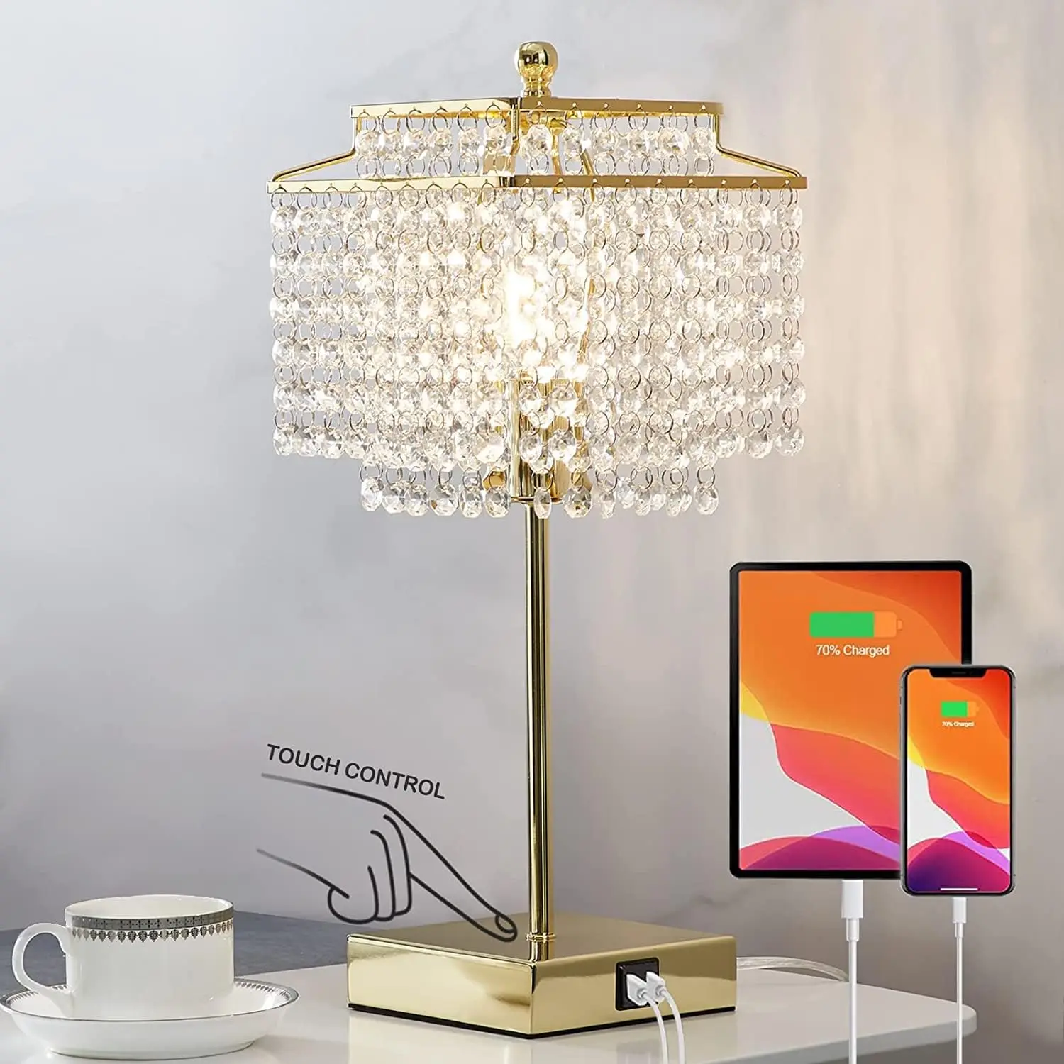 

Настольная лампа Crystal Touch с портами USB C+A, регулируемая по яркости, золотистая, для спальни, с лампочкой в комплекте